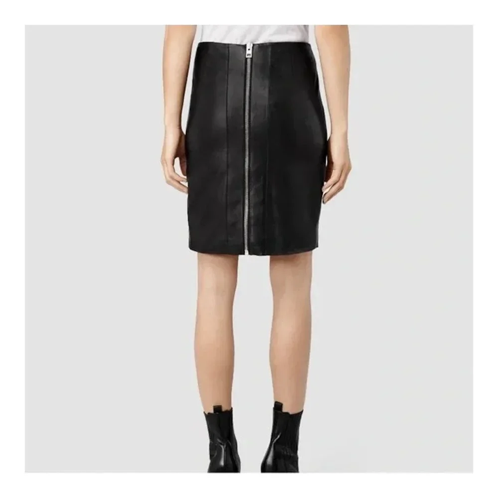 AllSaints Black Leather Pencil Skirt with Back Zip